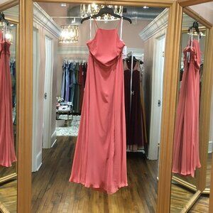Dessy long chiffon halter low back bridesmaid dress. Rouge Size 12